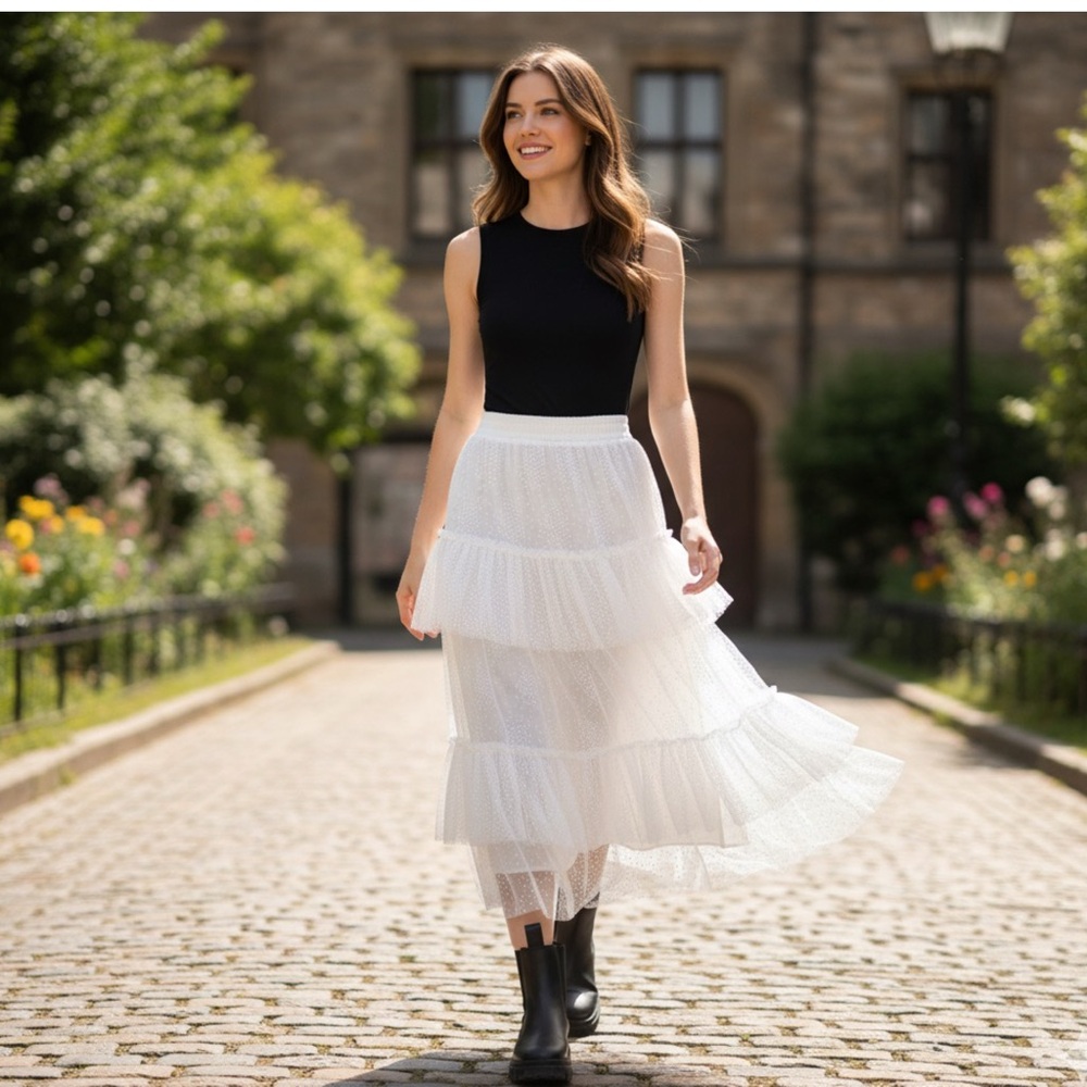 Tulle Skirts for Women - High Waisted A-line Tulle Skirt with Layered Ruffles M